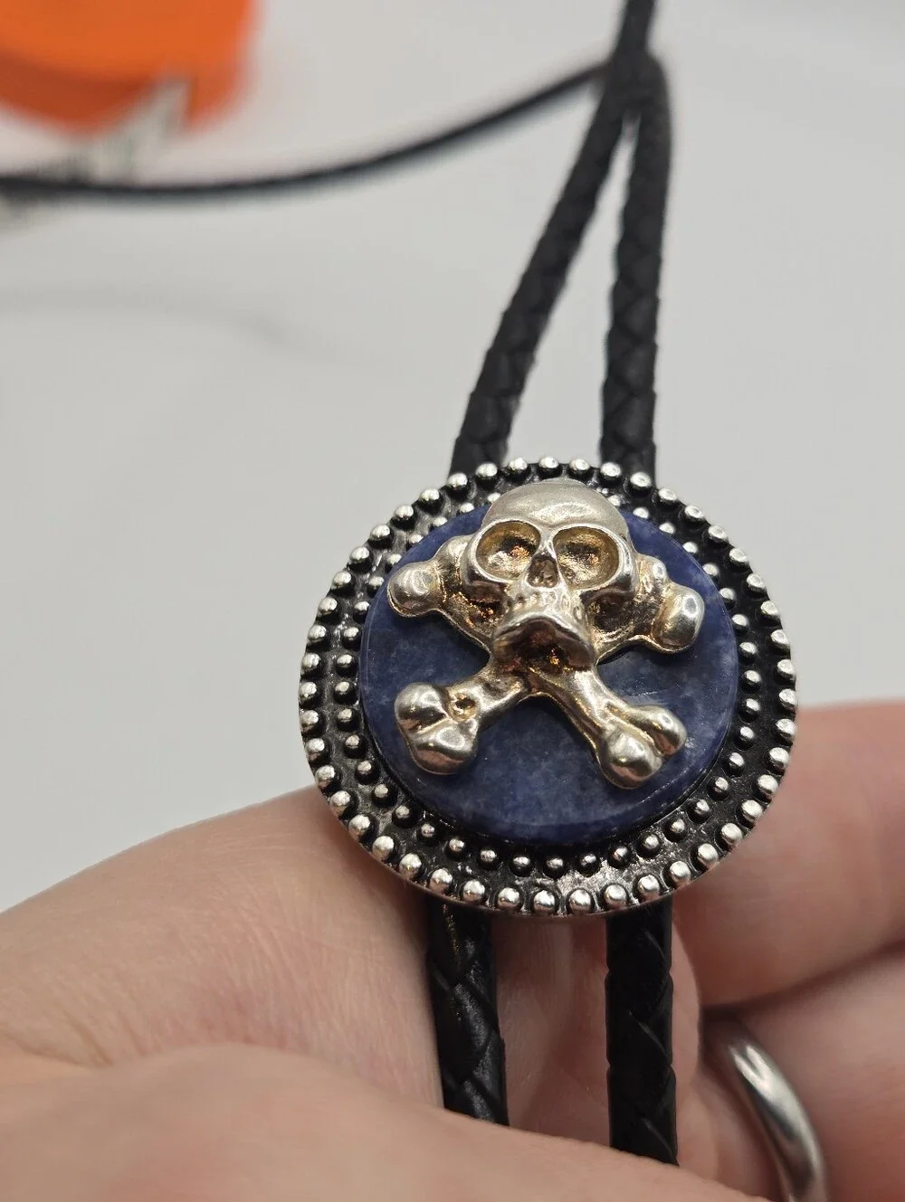 Lapis Silver Skull Western Bolo Tie Punk Pirate Goth Leather Braid Rockstar 70s